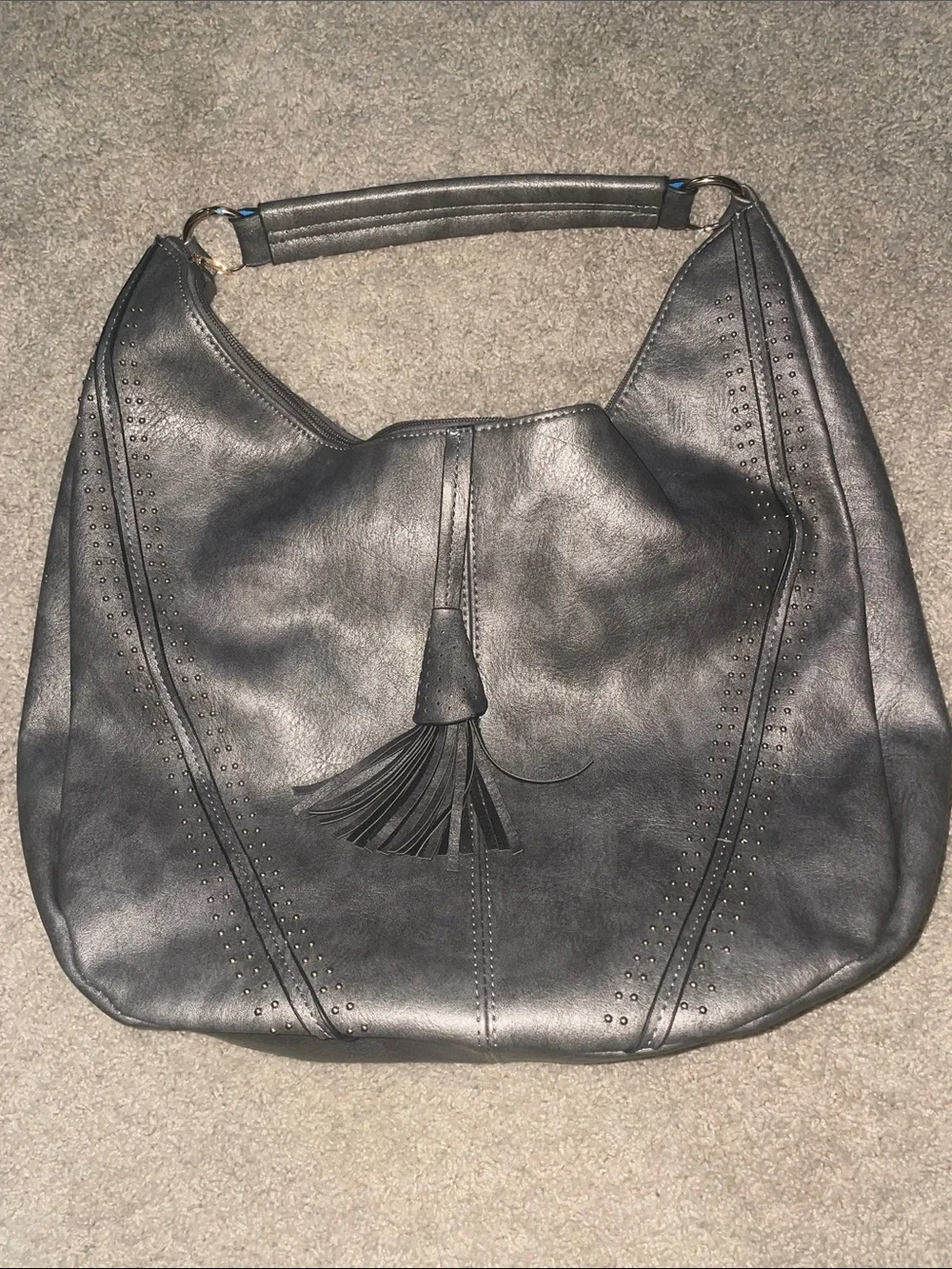 Classic Silver/Gray Leather Hobo Bag with Tassel